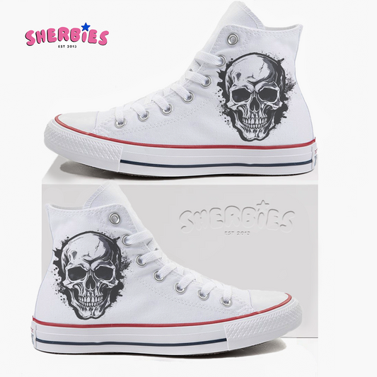 Custom adult high top Converse sneakers featuring bold gothic skull design in black and white