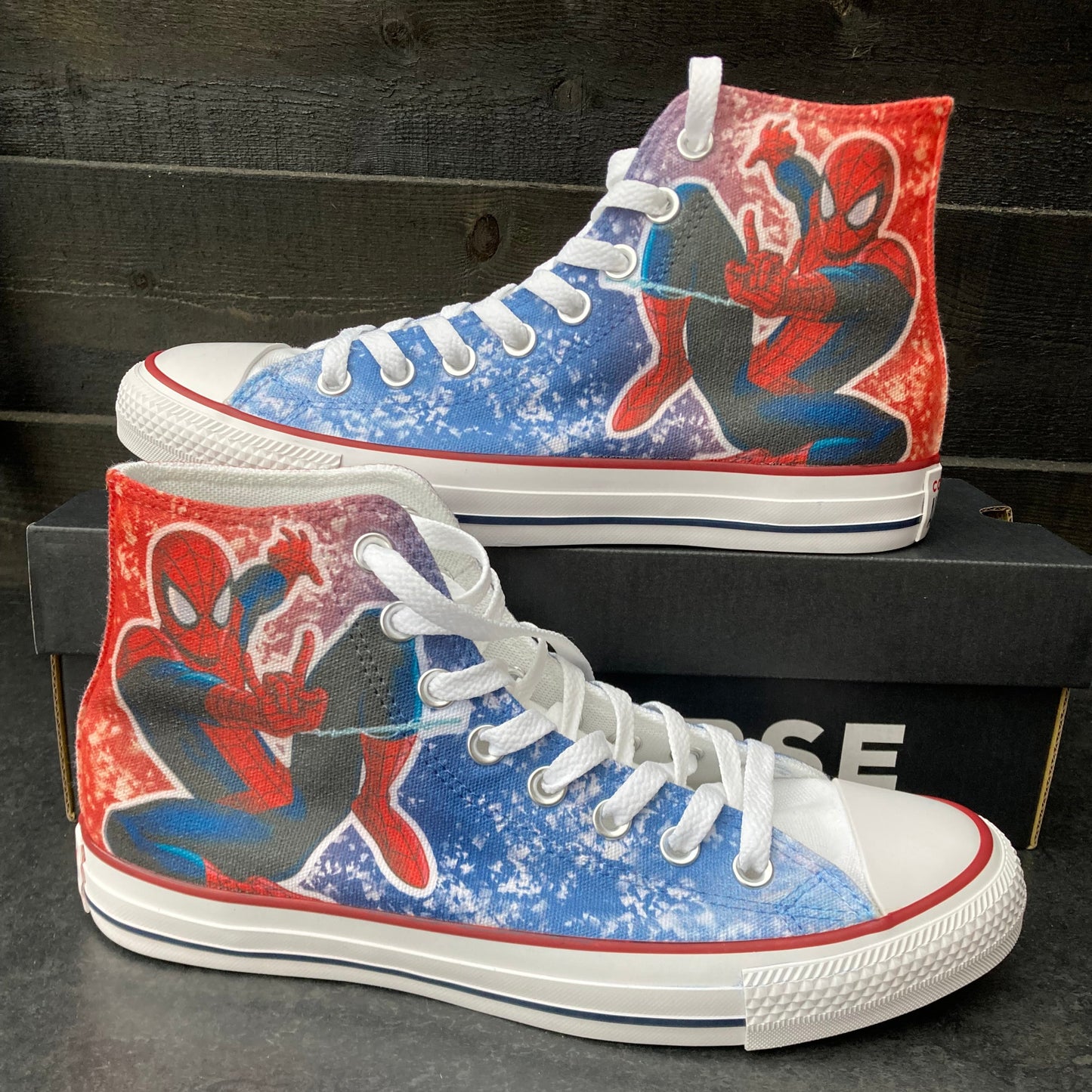 spiderman converse high tops in red and blue