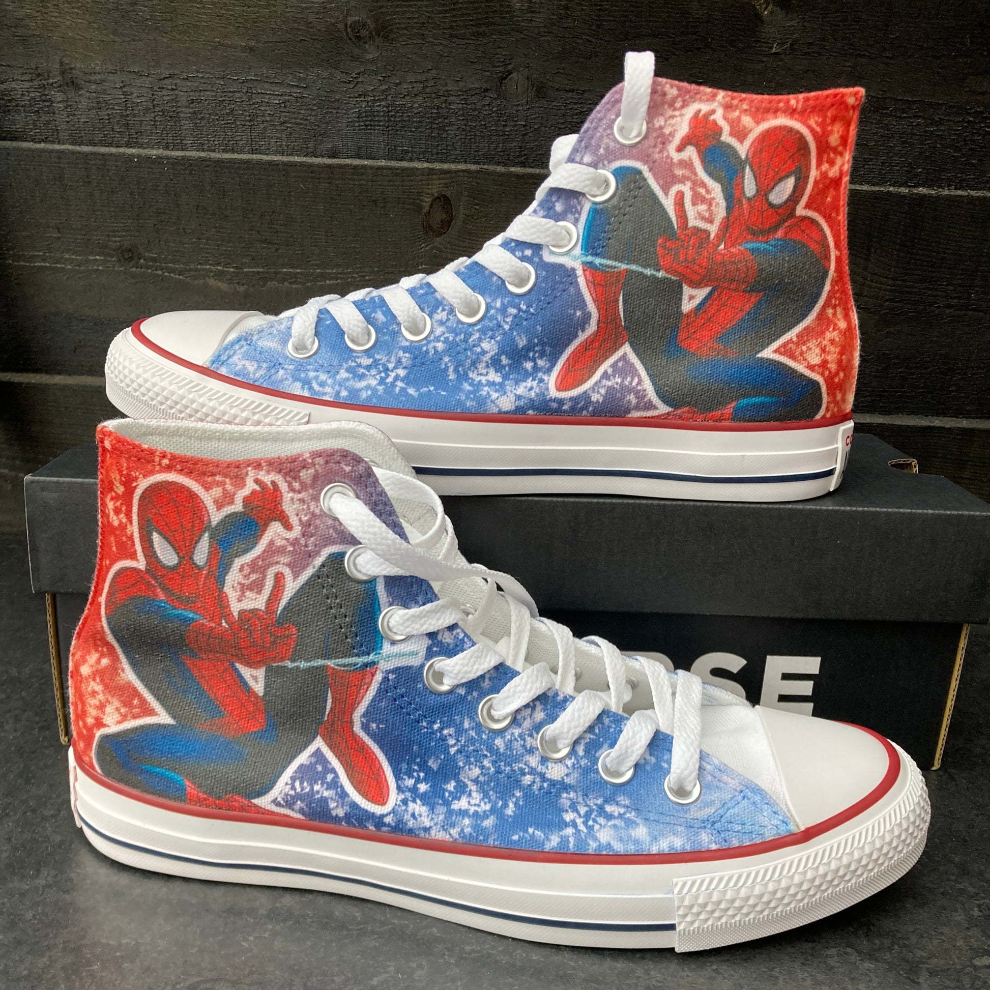 spiderman converse high tops in red and blue